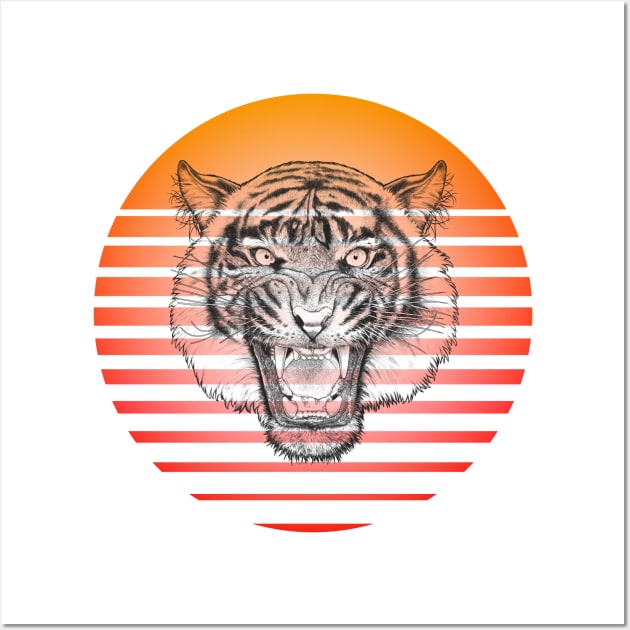 Retro Growling Tiger On A 80's Sun Background Wall Art by iZiets